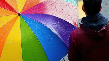 Close-up of rain falling on a multicolored umbrella, with water droplets creating a beautiful pattern on its surface.