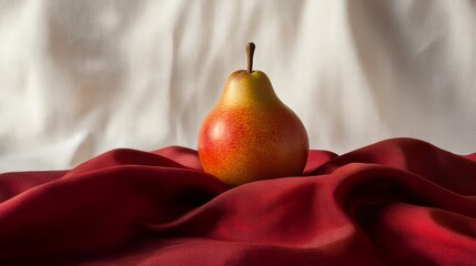 Pear on a red draped cloth against