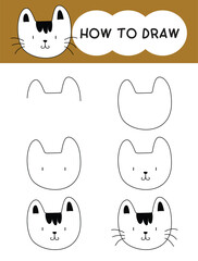 How to draw cat face cartoon step by step for learning, kid, education, coloring book. Vector illustration