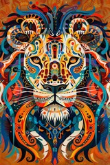Naklejka premium Lion head with bright tribal patterns illustrated by a male artist.