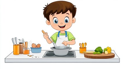 A Young Boy in an Apron Stirring a Pot on a Stovetop