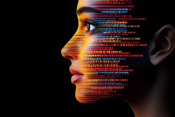 Woman's face is painted with a rainbow of colors. The face is made up of many different colored squares. Abstract digital human face. Artificial intelligence concept of big data or cyber security.