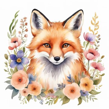 recommend clip art: Charming watercolor fox with flowers, isolated on white, ideal for delicate clipart designs.