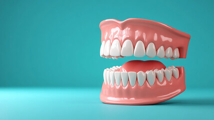 Fototapeta premium 3d jaw with even white teeth on a blue background and space for text