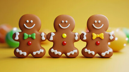 Fototapeta premium Adorable trio of gingerbread men with colorful bow ties and button accents