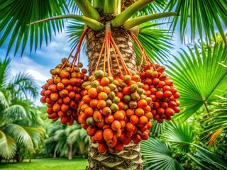 Colorful Bismarck palm fruit dangles gracefully from a verdant tree, set against a vibrant tropical landscape, creating a stunning visual of nature&acirc;&euro;&trade;s beauty.