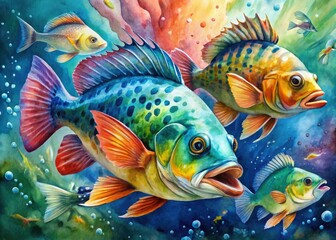 Fototapeta premium Colorful watercolor fish paintings capture the beauty of aquatic life, blending artistic expression with vibrant hues to celebrate marine wonders and the creativity of nature.