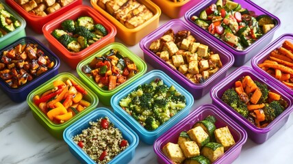 Meal Prep Mastery: A vibrant array of colorful meal prep containers, each filled with delicious and nutritious food, showcasing the benefits of planning and preparing healthy meals in advance.  