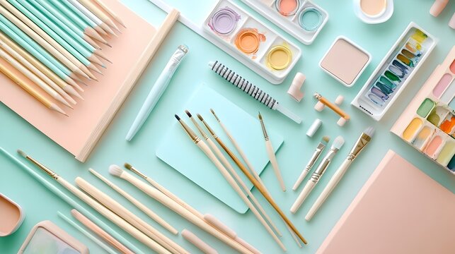Assortment of pastel colored art supplies including paintbrushes colored pencils sketchpads and other stationery pieces