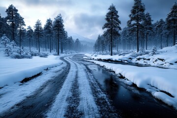 Obraz premium A serene winter scene featuring a snowy forest path beside a partially frozen stream, lined with evergreen trees under a misty sky in a tranquil landscape setting.