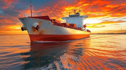 Fototapeta premium Cargo ship navigating through vibrant sunset waters