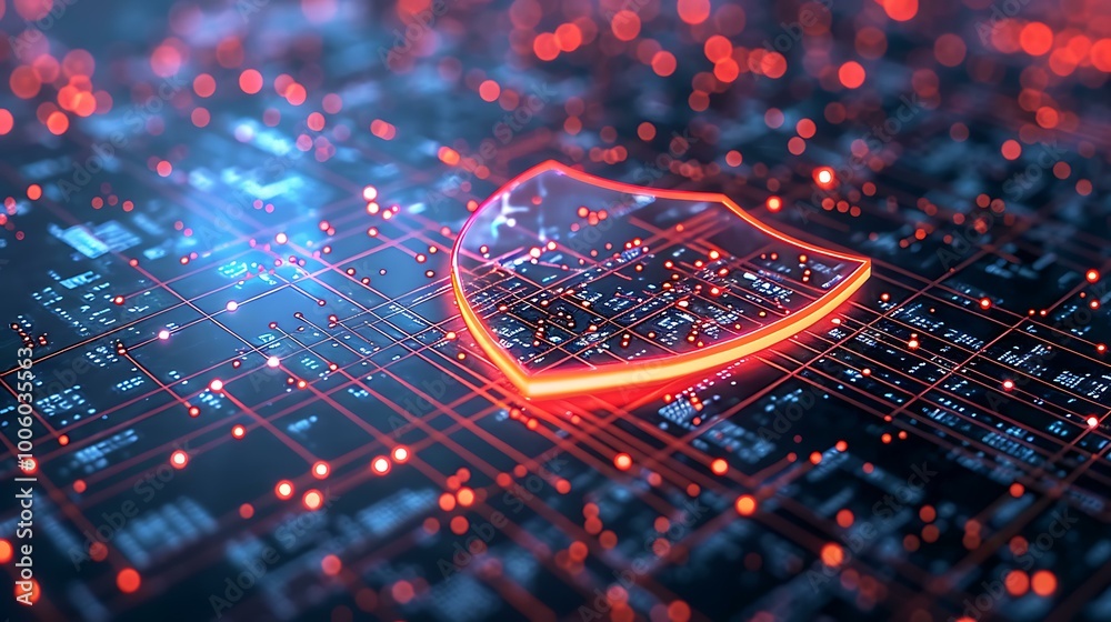 Poster a glowing digital shield hovering over a computer network, symbolizing secure cloud networking, prot