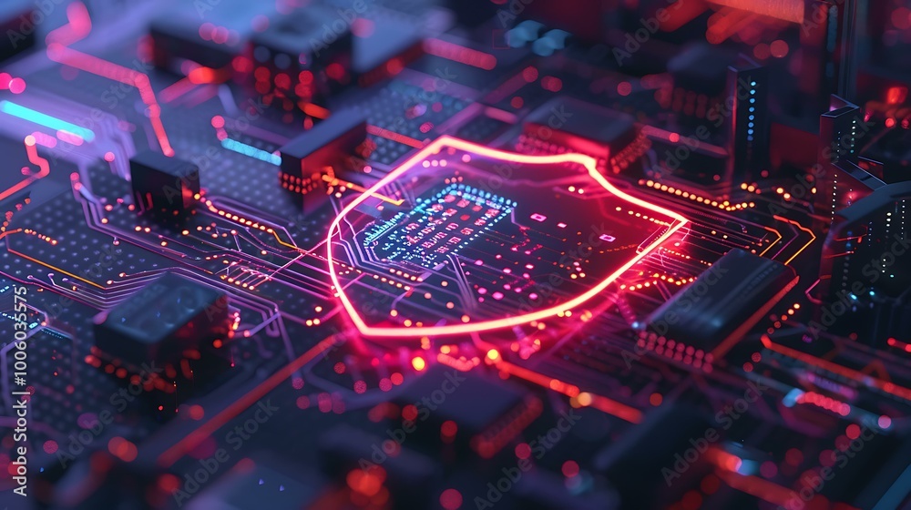 Poster a glowing digital shield hovering over a computer network, symbolizing secure cloud networking, prot