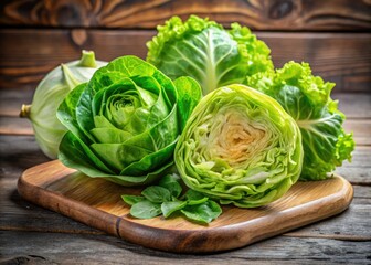 Crisp iceberg lettuce and vibrant green cabbage rest on a wooden cutting board, highlighting their freshness and versatility in healthy eating concepts and nutritious meals.