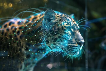 A striking digital rendering of a jaguar's head merging with futuristic technology in a vibrant forest setting. Generative AI