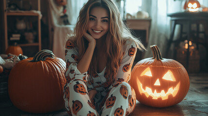 Smiling woman in pajamas with Halloween print sits near pumpkin jack-o-lantern on floor in apartment in cozy atmosphere