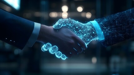 Futuristic business handshake with augmented reality contracts and digital hologram agreement  Concept of innovative paperless