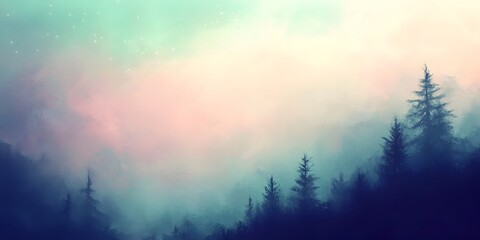 Naklejka premium Misty pastel gradient landscape with shimmering and ethereal Aurora Borealis lights dancing in the sky silhouetted trees in the distance creating a serene and contemplative ambiance