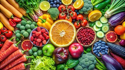 Discover a vibrant nutritional chart featuring fruits and vegetables for healthy eating. Enhance meal planning with diverse colors, flavors, and essential nutrients from natureâ€™s best.