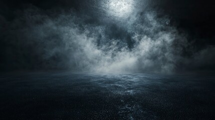 Fototapeta premium Dark background with fog and a wet asphalt surface.