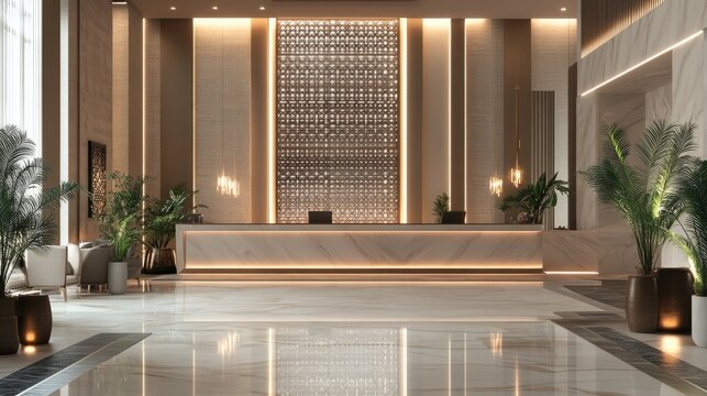 Luxurious hotel reception lobby, designed with a modern Arabic building theme