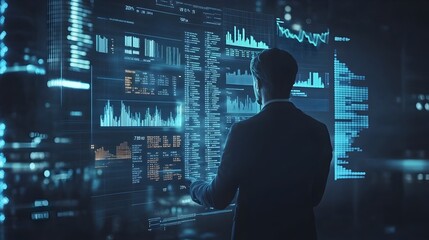 A business leader intently examining a virtual financial dashboard with glowing holographic data displays against a dark futuristic background