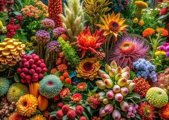 Fototapeta premium Diverse inflorescence types exhibit distinct floral structures, creating a captivating and vibrant botanical display filled with unique colors and forms of nature's artistry.