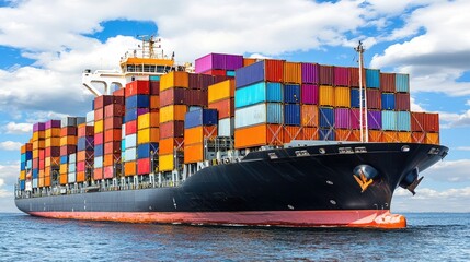 Naklejka premium Container ship loaded with colorful cargo containers at sea