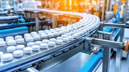 Fototapeta premium Automated pharmaceutical production line with tablet conveyor
