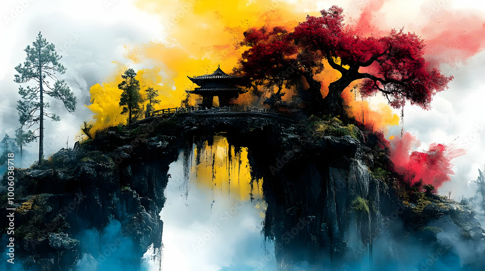 Canvas Prints Watercolor Landscape with Bridge and Pagoda