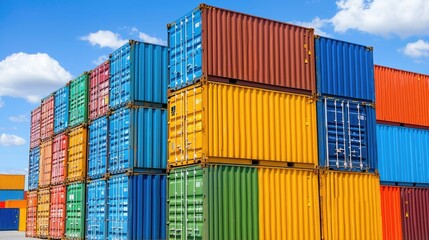 Colorful shipping containers stacked against a blue sky
