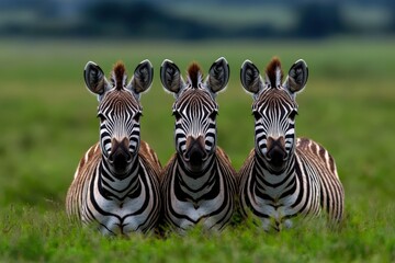 Fototapeta premium Three zebras lie closely together against a lush, green grassland background, showcasing their distinct black and white stripes in a perfectly aligned pose.