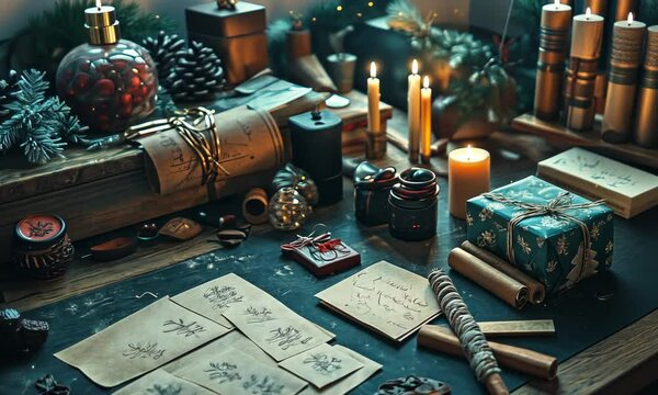 Decorating Christmas gift tags with calligraphy, stamps, and ribbons, spread out on a well-lit workspace. . Video