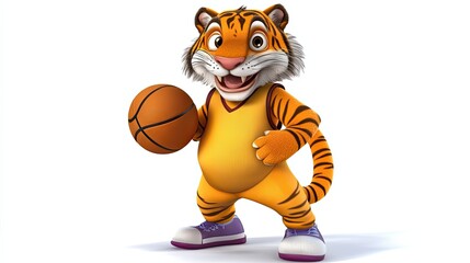 A cartoon tiger wearing a basketball jersey holds a basketball.
