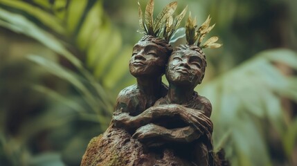 Obraz premium A bronze sculpture of two happy human figures with foliage on their heads, sitting next to each other and embracing in the middle of an outdoor jungle setting. The focus is sharp and detailed