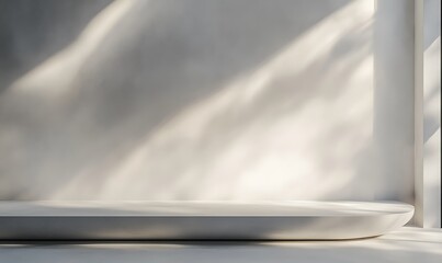  3D table and wall in an empty studio room. Podium against a white wall. Tabletop surface for product presentation. Platform with concrete texture for beauty advertising. 