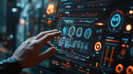 Obraz premium digital energy dashboard displaying power consumption metrics, showcasing interactive interface with various graphs and data visualizations. user engages with technology, highlighting importance of