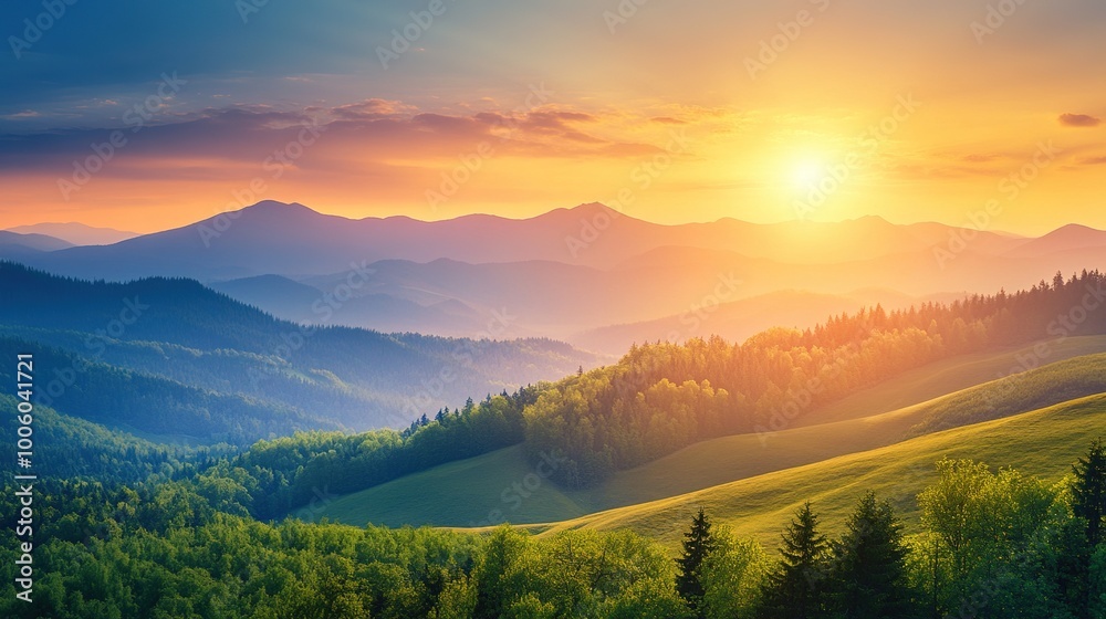 Poster Serene Landscape with Vibrant Sunrise Over Mountains