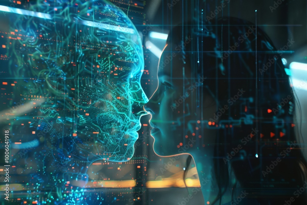 Poster a captivating moment of human connection with a digital entity in a futuristic environment illuminat