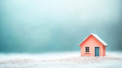 Small pink house in a serene snowy landscape with a soft blue sky background, minimalistic winter scene, peaceful and calm atmosphere.