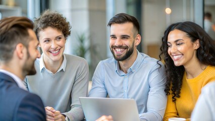 Fototapeta premium Happy Young Office Colleagues Collaborating and Smiling in Casual Meeting: Setting Business Goals and Team Building