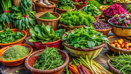 Fototapeta premium Fresh quelites are nutritious edible wild greens used in Mexican cuisine, enhancing dishes with their distinct flavors, providing health benefits, and celebrating culinary traditions.