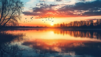 Obraz premium Tranquil Sunset Over a Serene Lake