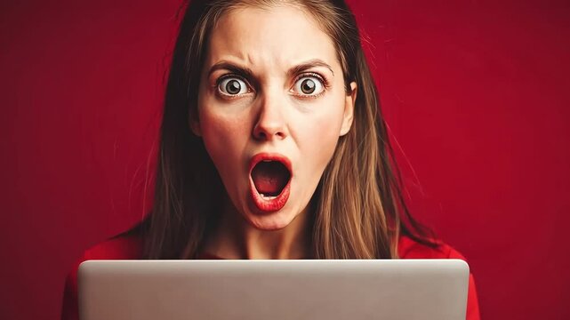 Portrait of a surprised young woman with her mouth open in shock.  She is looking at a laptop computer in front of her.  The background is a solid red color.