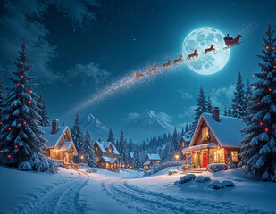 a cabin in the mountains with a christmas tree in the background and santa clause with deers flying