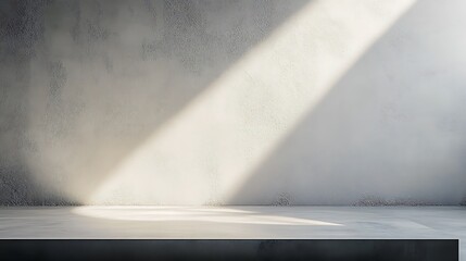  3D table and wall in an empty studio room. Podium against a white wall. Tabletop surface for product presentation. Platform with concrete texture for beauty advertising. 