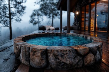 A rustic stone-encased hot tub on a wooden deck surrounded by a serene, misty forest environment, perfect for relaxation and tranquility seekers.