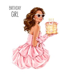 Birthday girl illustration. Beautiful young fashion brunette hair woman holding birthday cake. 