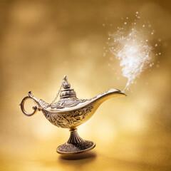 Magic Aladdins Genie lamp on gold background