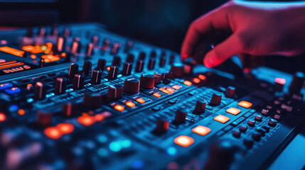 Fototapeta premium person adjusting digital control knobs on music production device, creating engaging atmosphere with vibrant lights and intricate settings